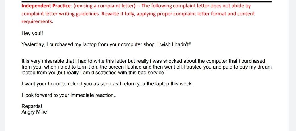 Independent Practice: (revising a complaint