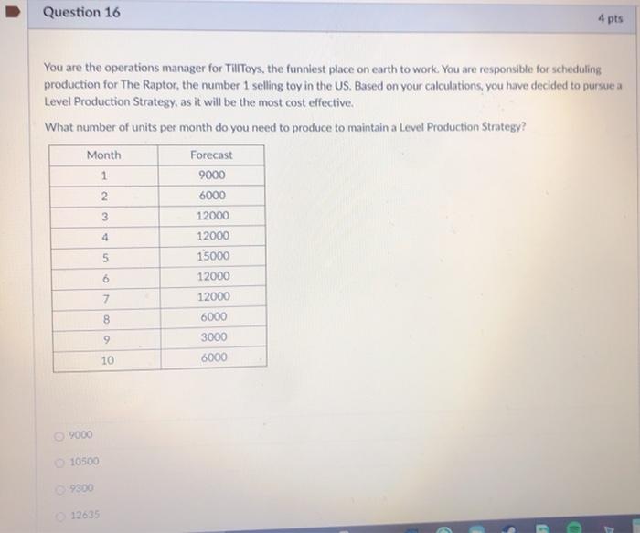 Question 16 4 pts You are the operations manager