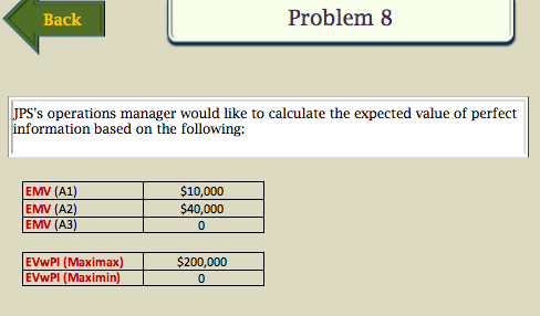 Back Problem 8 JPS's operations manager would