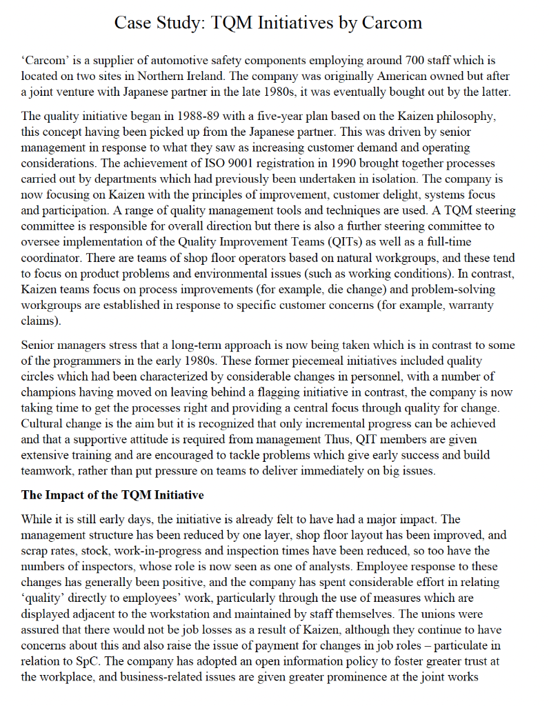 Please solve this case study Case Study: TQM