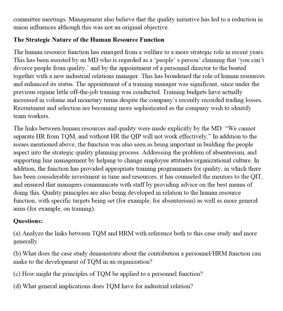 Please solve this case study Case Study: TQM