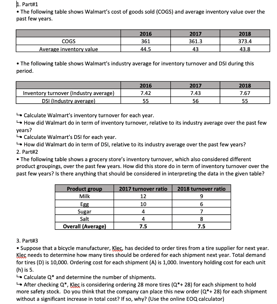 H. Part#1 The following table shows Walmart's