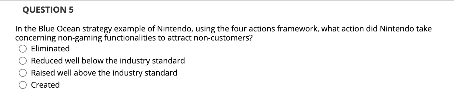 QUESTION 5 In the Blue Ocean strategy example of