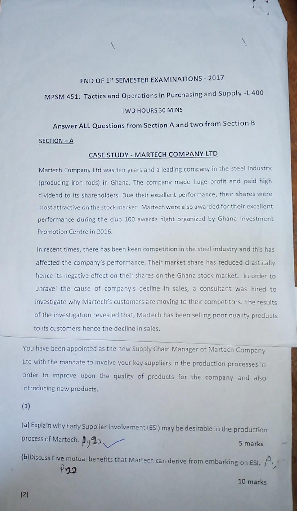 END OF 1st SEMESTER EXAMINATIONS - 2017 MPSM 451: