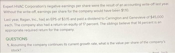 case study, Stock valuation at Regan,Inc Chapter