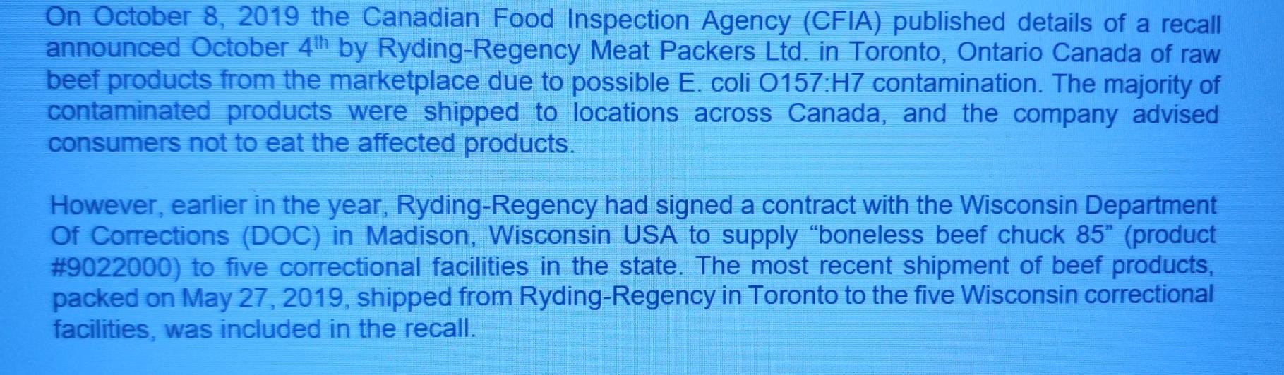 On October 8, 2019 the Canadian Food Inspection