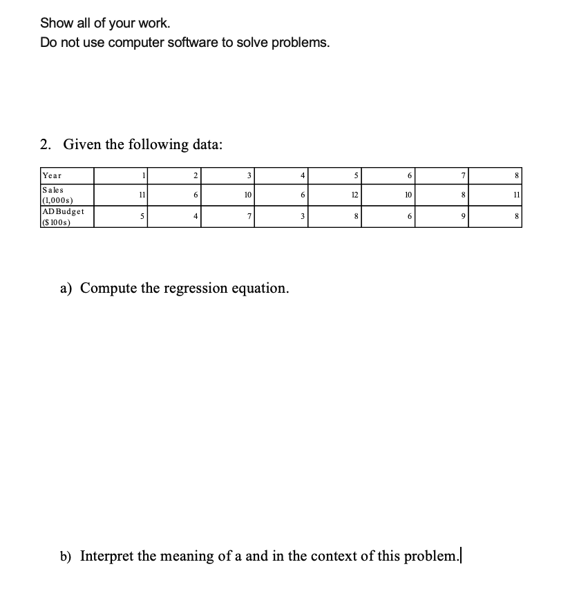 Show all of your work. Do not use computer