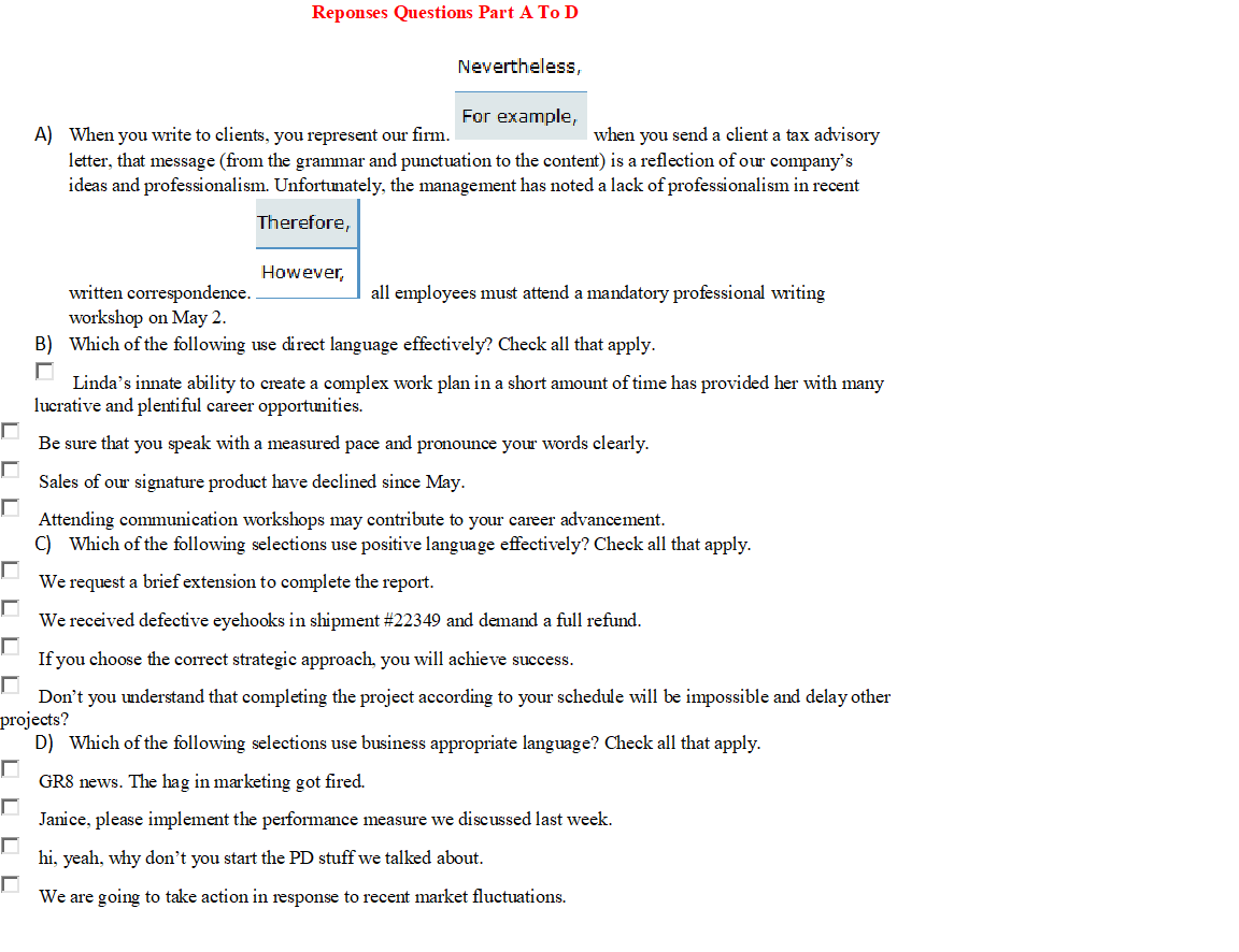 Reponses Questions Part A To D Nevertheless, For