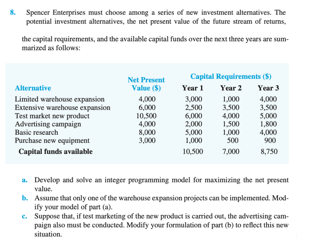 8. Spencer Enterprises must choose among a series
