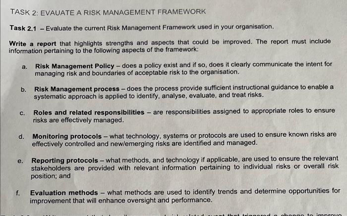 TASK 2: EVAUATE A RISK MANAGEMENT FRAMEWORK Task