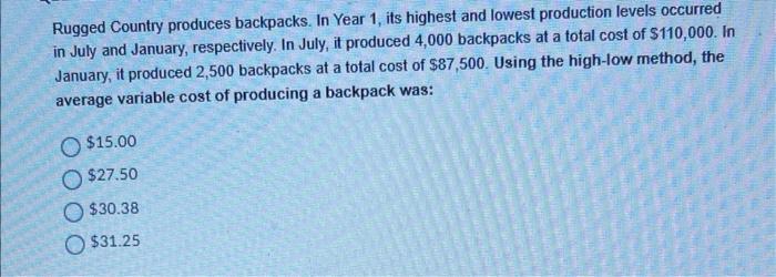 Rugged Country produces backpacks. In Year 1 ,