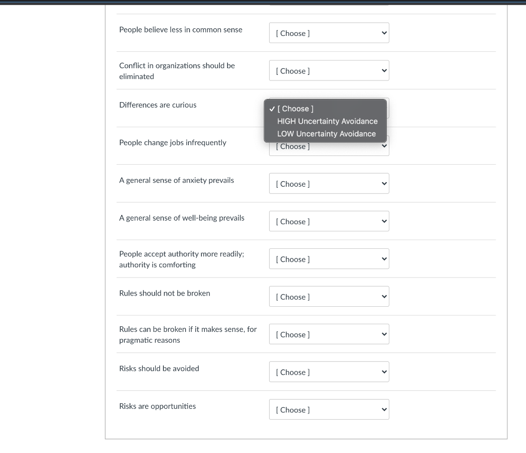 (Based on Hofstede) Select A (HIGH Uncertainty