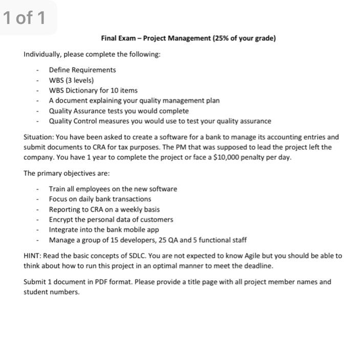 Final Exam - Project Management ( 25% of your
