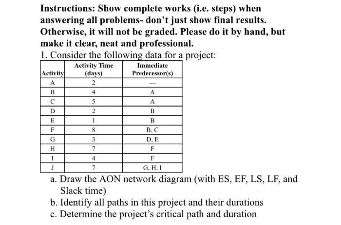 Instructions: Show complete works (i.e. steps)
