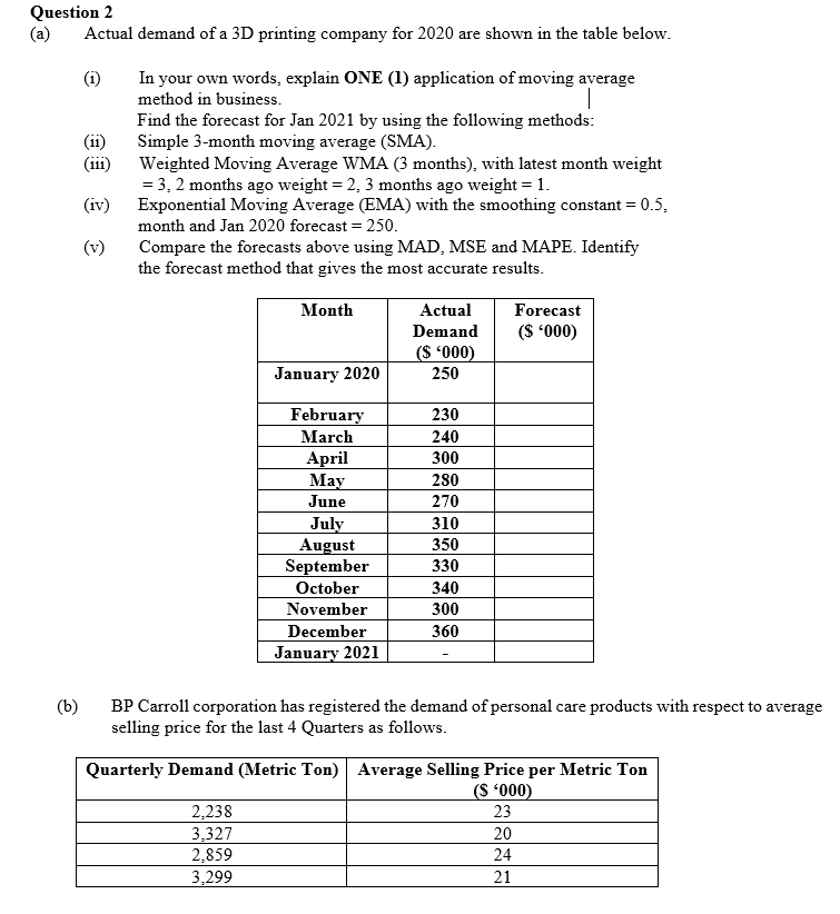 Question 2 (a) Actual demand of a 3D printing