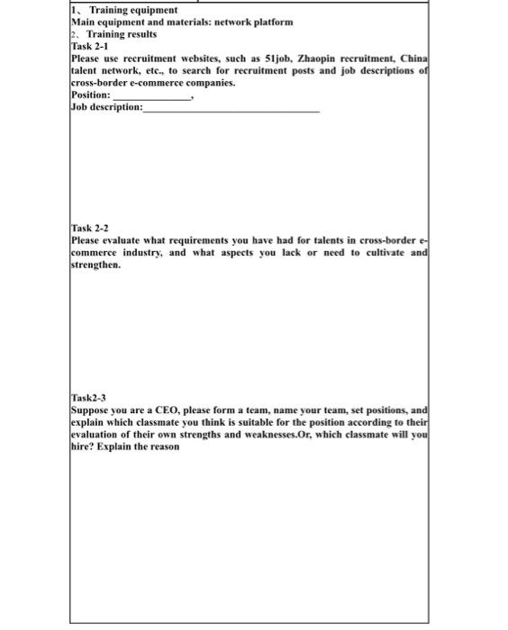 1. Training equipment Main equipment and