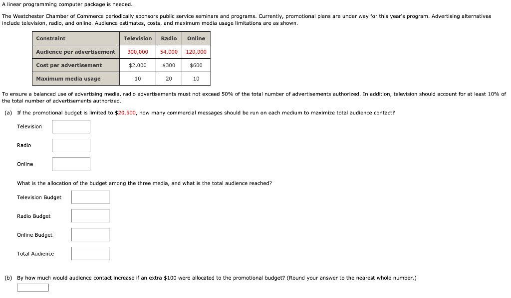 A linear programming computer package is needed.