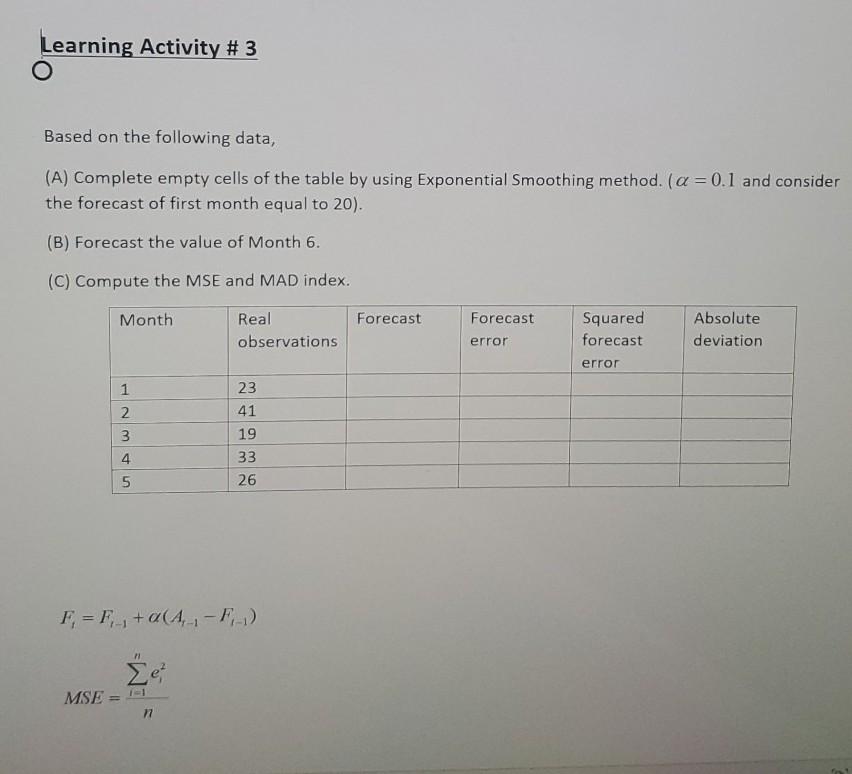 Learning Activity #3 Based on the following data,