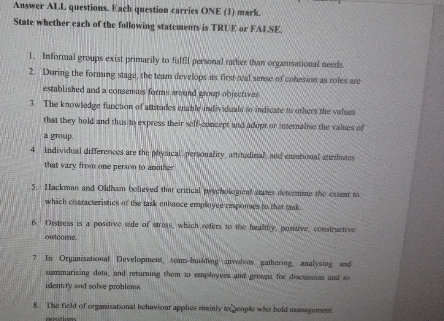Answer ALL questions. Each question carries ONE