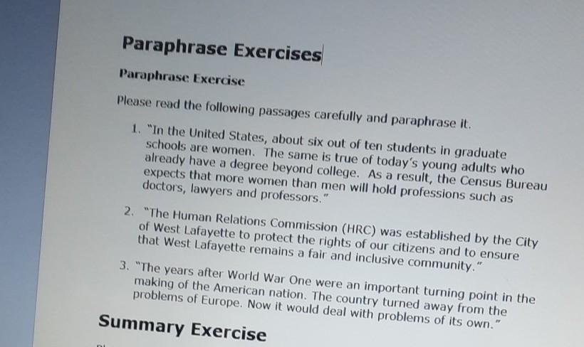 Paraphrase Exercises Paraphrase Exercise Please