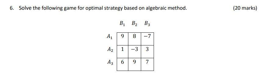 6. Solve the following game for optimal strategy