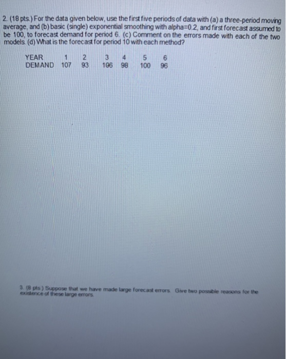 2. (18 pts.) For the data given below, use the