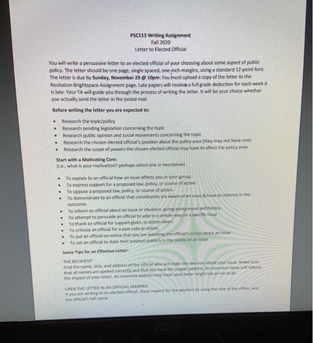 . . PSC113 Writing Assignment Fall 2020 Letter to