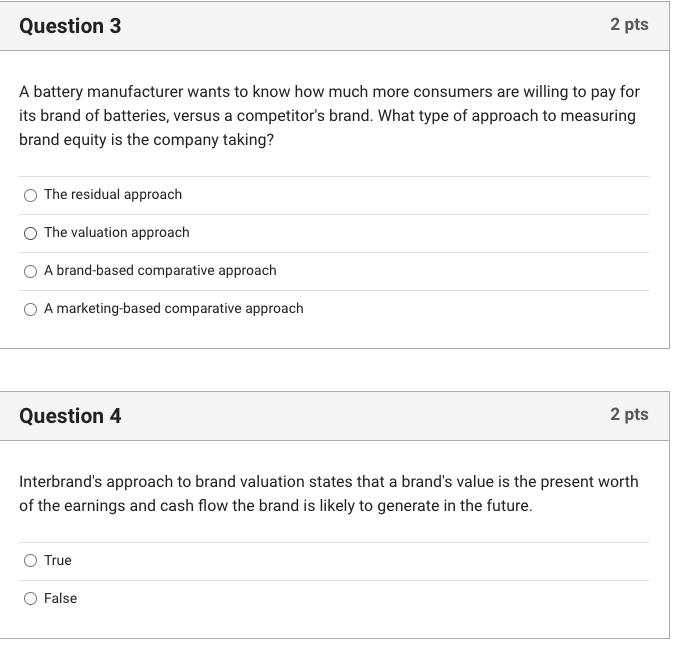 Question 1 2 pts A marketing-based comparative