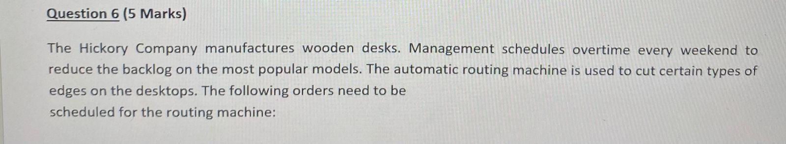 Question 6 (5 Marks) The Hickory Company