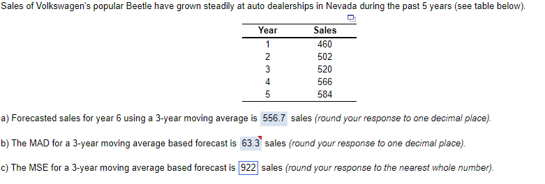 Forecasted sales for year 6 using a 3 -year