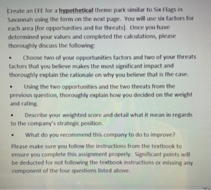 . Create an EFE for a hypothetical theme park