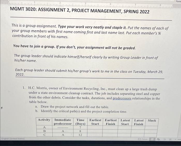 Pane MGMT 3020: ASSIGNMENT 2, PROJECT MANAGEMENT,
