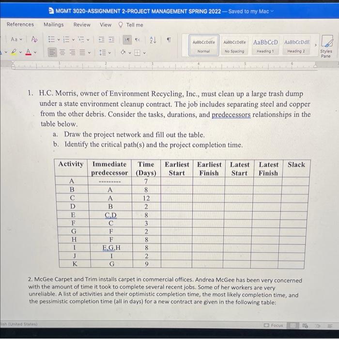 Pane MGMT 3020: ASSIGNMENT 2, PROJECT MANAGEMENT,