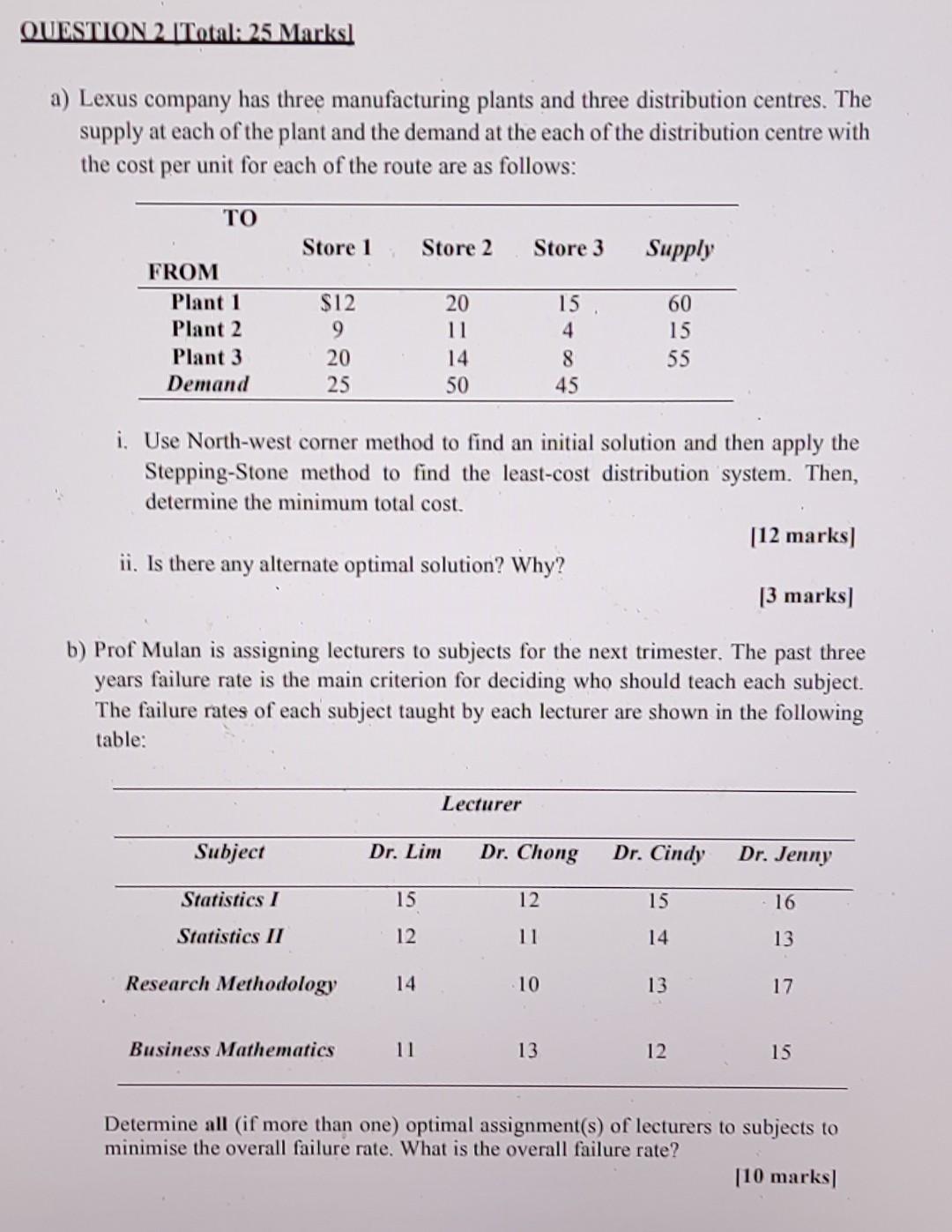 QUESTION 2 Total: 25 Marksl a) Lexus company has