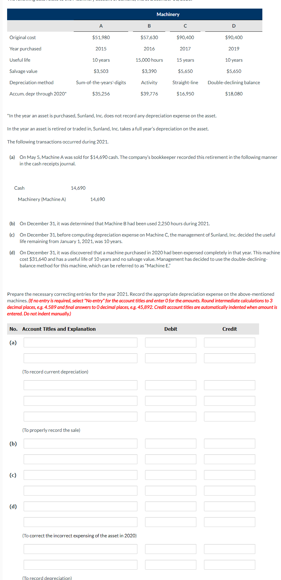 Machinery A B D Original cost $51,980 $57,630
