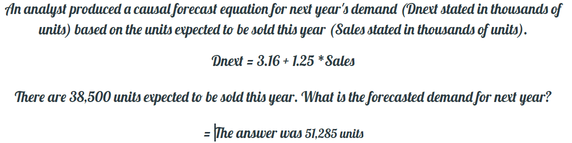 An analyst produced a causal forecast equation