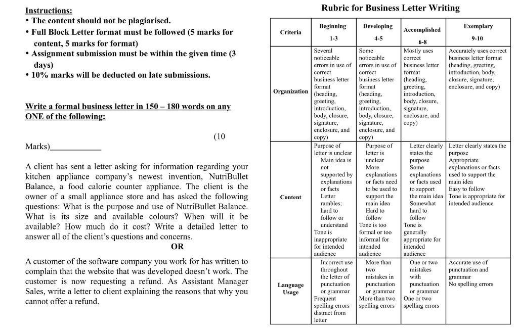 Rubric for Business Letter Writing Beginning