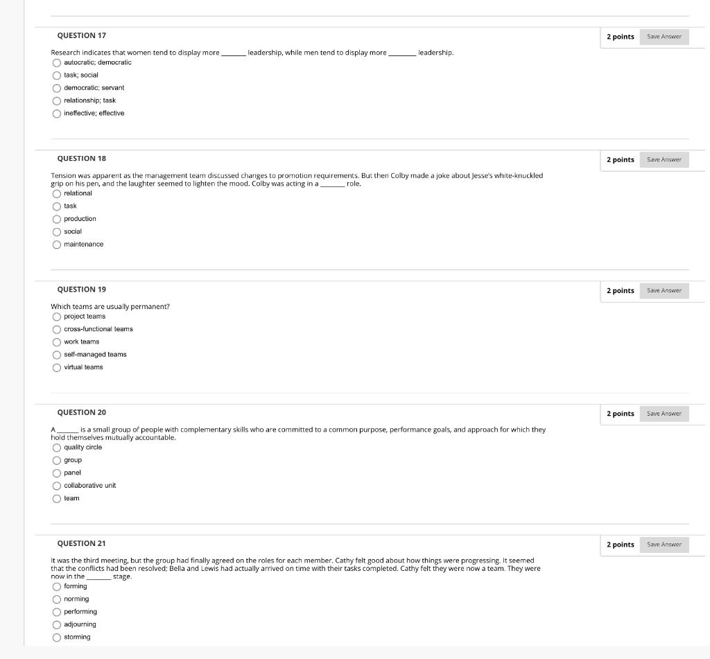 QUESTION 17 Research indicates that women tend to