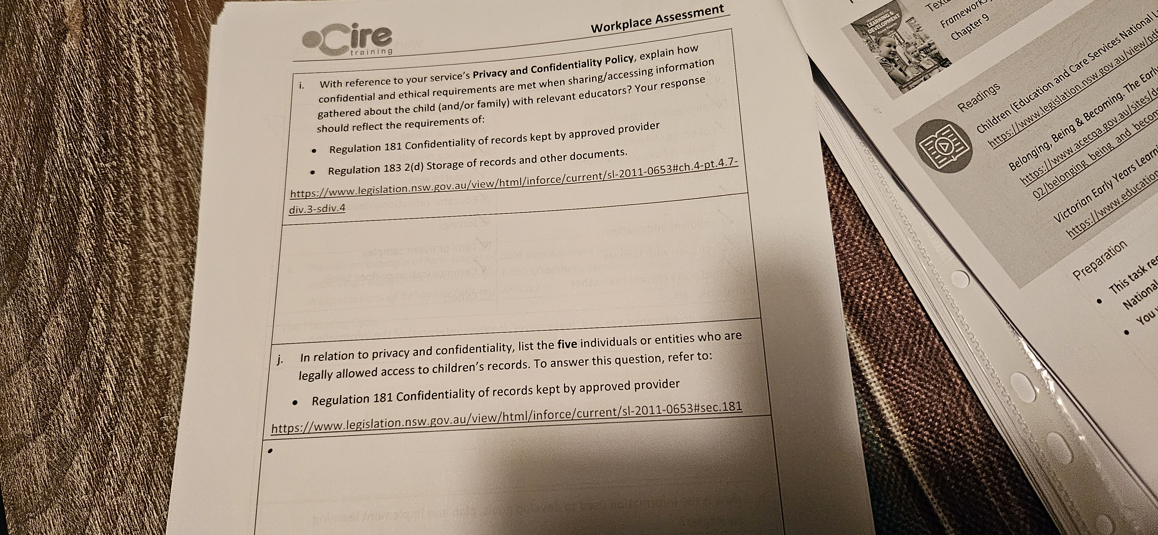 Cire training Workplace Assessment With reference