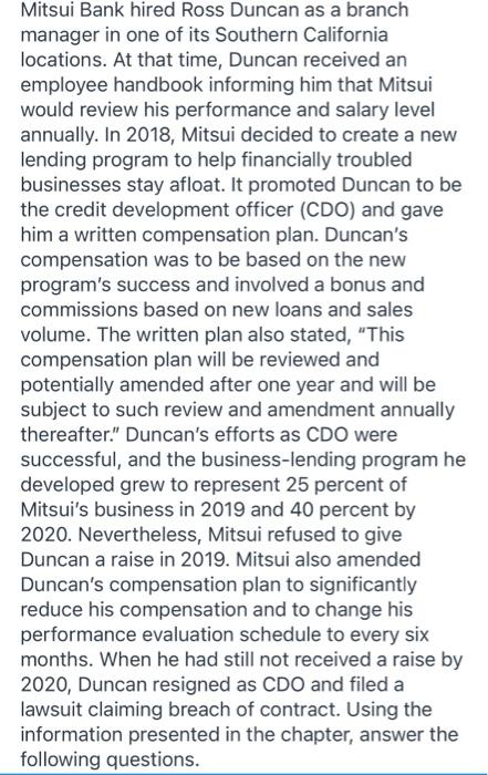 Business Law Mitsui Bank hired Ross Duncan as a