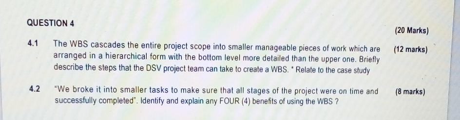 QUESTION 4 (20 Marks) 4.1 (12 marks) The WBS