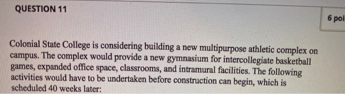 QUESTION 11 6 poi Colonial State College is