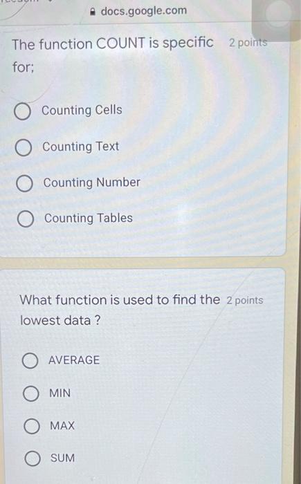 2 points The function that lets you add up a