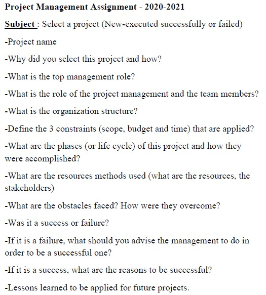 Project Management Assignment - 2020-2021 Subject