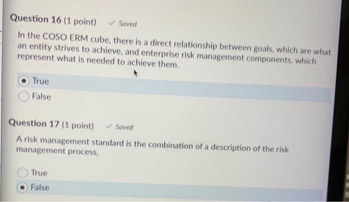 Question 16 (1 point) Saved In the COSO ERM cube,