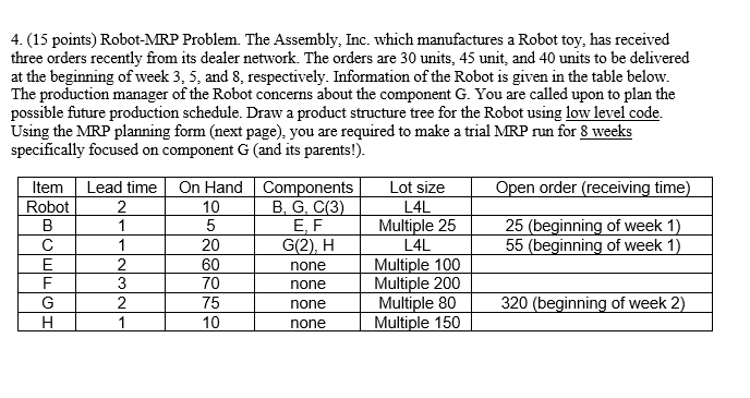 4. (15 points) Robot-MRP Problem. The Assembly,