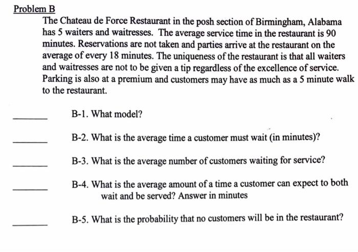 Problem B The Chateau de Force Restaurant in the