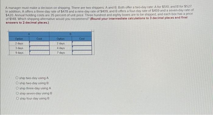 A manager must make a decision on shipping. There
