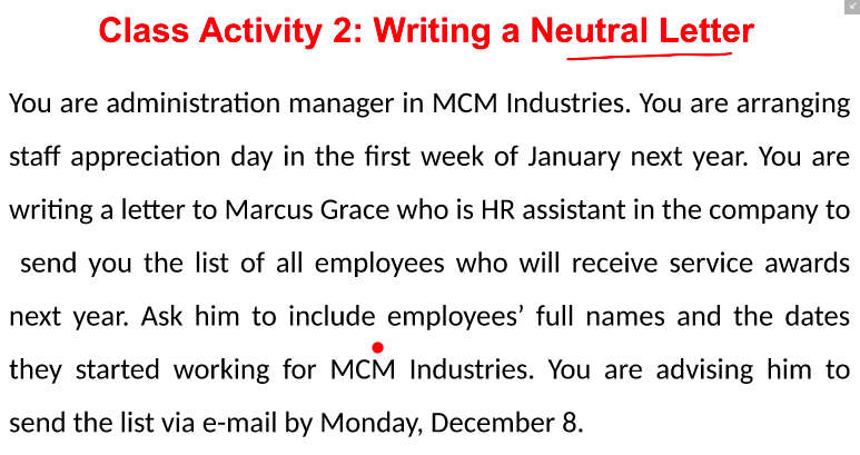 K Class Activity 2: Writing a Neutral Letter You