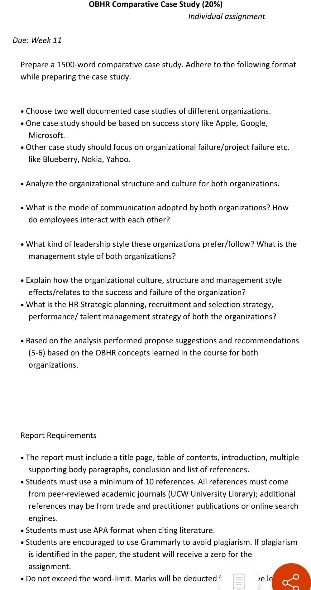 Due: Week 11 Prepare a 1500-word comparative case